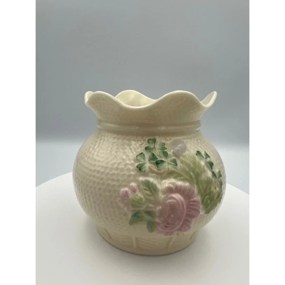 Belleek Ireland Killarney Rose Vase Ivory Parian China Basketweave 4in
